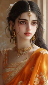 Golden-eyed muse listens softly to the sari’s quiet song