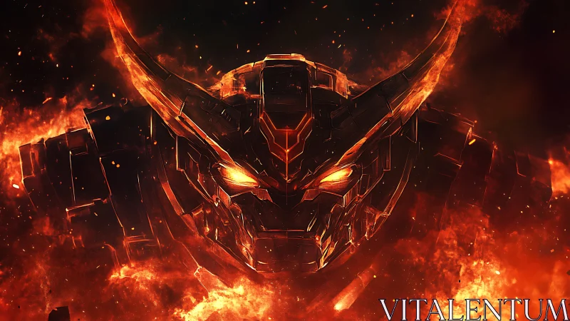Horned mechanical head in intense orange fire environment.