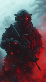 Intense futuristic soldier advances through swirling red smoke