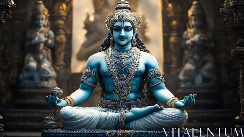 Blue-skinned meditative deity statue with ornate temple backdrop