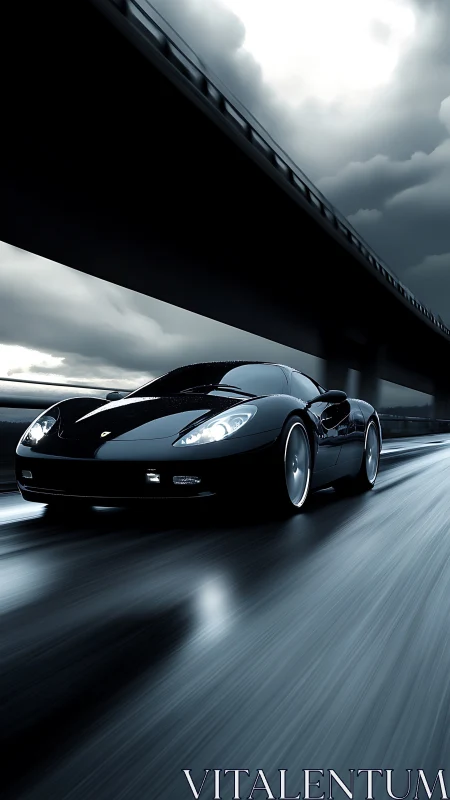 High-gloss black supercar under elevated highway in motion