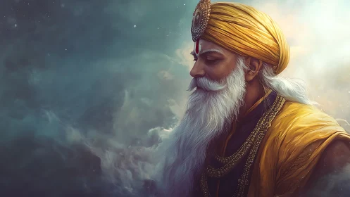 Starlit sage in golden turban drifting through quiet cosmos.