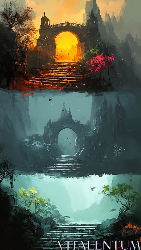 Tiered stone stairways with arches in shifting light states.