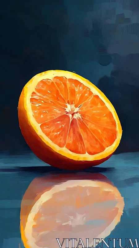 Vibrant orange half with reflective surface and cool backdrop.