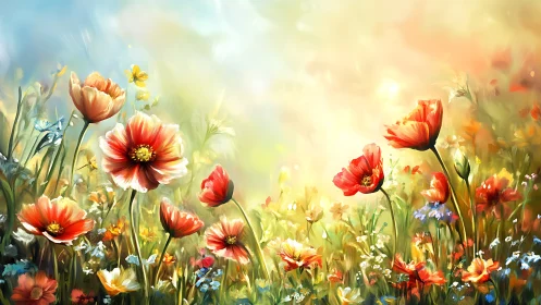 Red and white daisies bloom in sunlit meadow with soft bokeh background