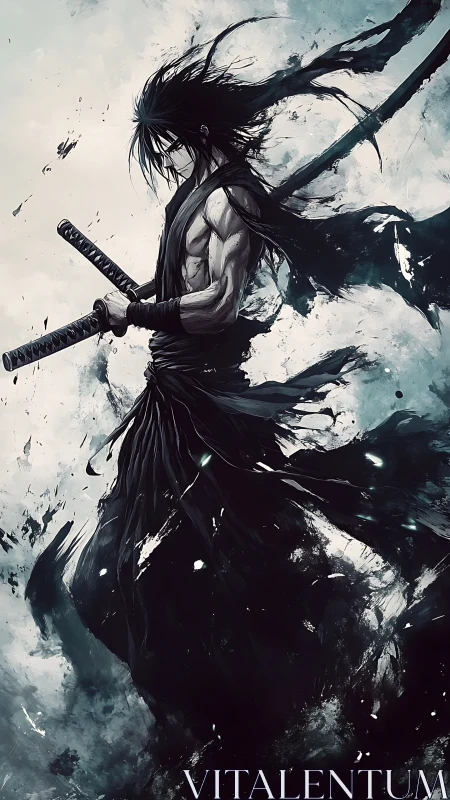 Stormlit swordsman drifting through ink-dark winds.