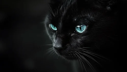 Black Cat with Striking Blue Eyes in Dark Setting.