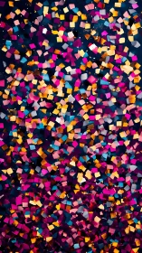 Dense scatter of colorful square confetti on dark field.