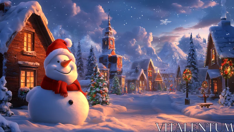 Snowman proudly patrols a glowing storybook winter village