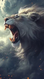 Aerodynamic white lion roar amid turbulent storm dynamics.
