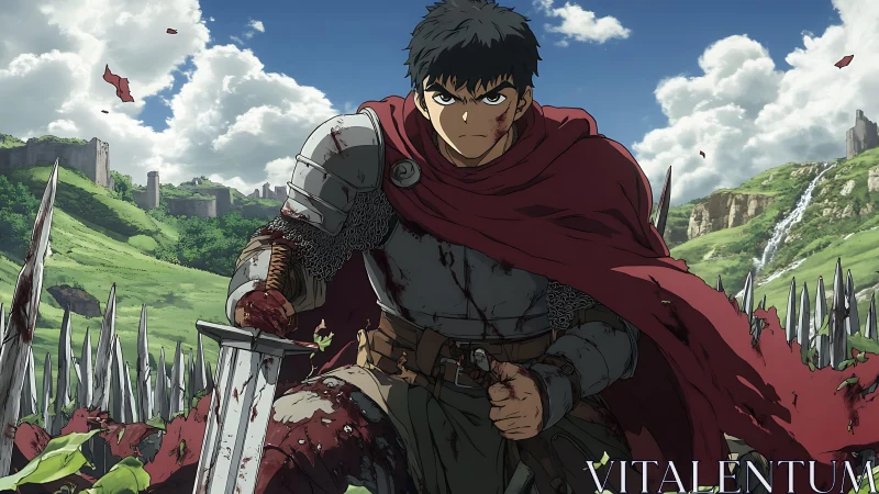 Battle-worn anime knight with scarlet cloak in green valley.