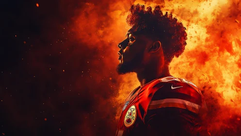 American football player in profile amid cinematic fire burst