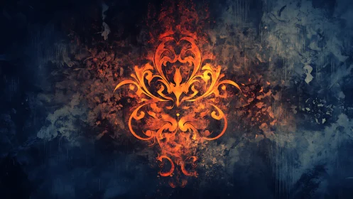 Fiery ornamental flourish burns against textured dusk field