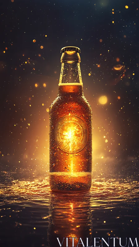 Glowing beer bottle radiates warmth in a golden splash aura