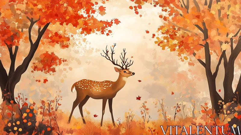 Deer standing in stylized autumn forest landscape scene.