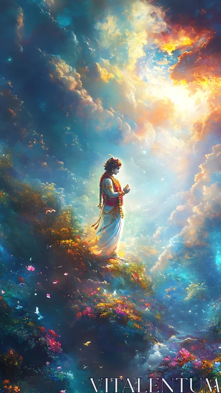 Celestial figure in radiant clouds with luminous florals.