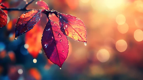 Dew jeweled autumn leaves glow against a dreamy sunrise haze
