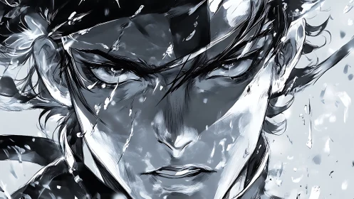 Intense anime-style male face rendered in dynamic grayscale
