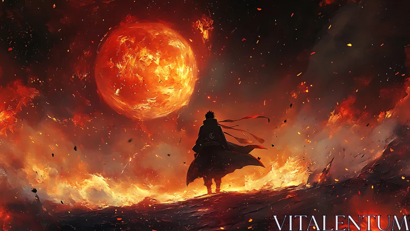 Lone ember mage beneath a roaring apocalyptic sun of fire.