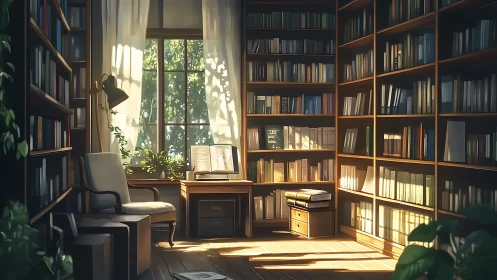 Sunlit private library with reading desk and tall shelves.