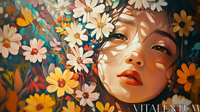 Young woman’s face framed by vivid daisies and petals.