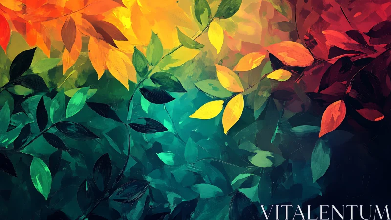 Multicolored leaf clusters across gradient background.
