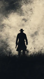 Lone gunslinger silhouette against dramatic cloudy sky.