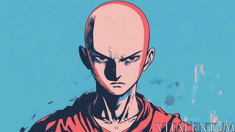 Bald anime character portrait on flat blue background.