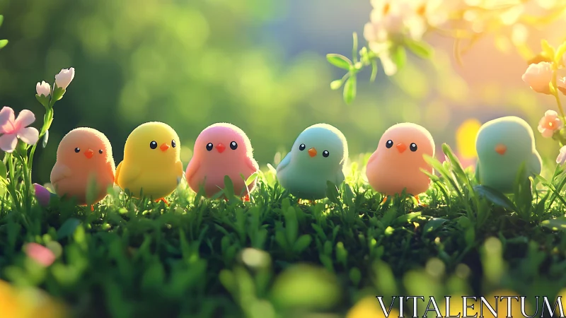 Pastel meadow flock of toy birds basking in soft sunrise glow.