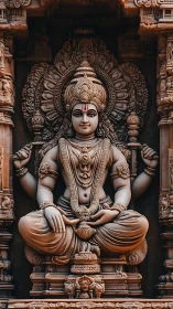 Intricate stone deity sculpture on ornate temple wall.