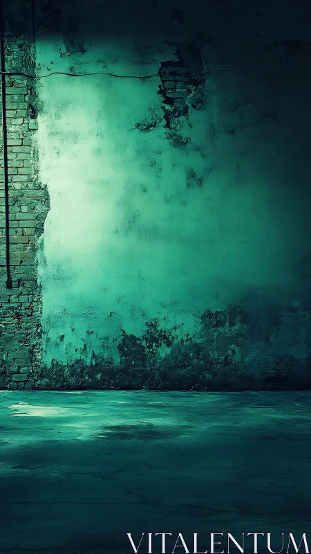 Teal lit cracked concrete wall with worn brick edge exposed.