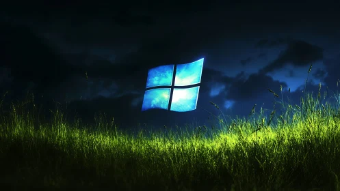 Luminous window emblem over neon meadow at midnight sky.