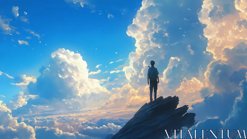 Young dreamer stands above clouds in a glowing sky