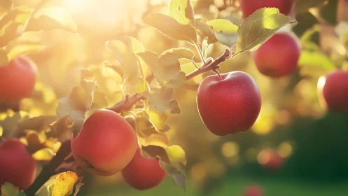 Sunlit orchard apples glowing in a gentle golden haze.