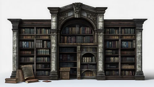 Ancient marble library wall guarding a kingdom of books.