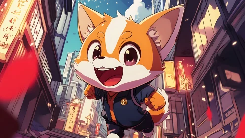 Energetic fox mascot runs through stylized city street.