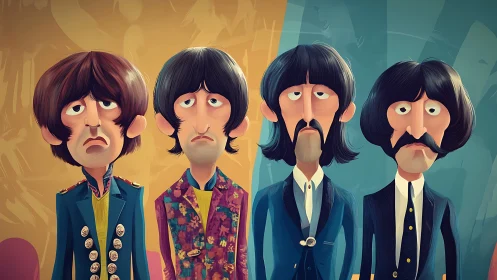 Melancholy cartoon quartet in retro rock finery stand still.