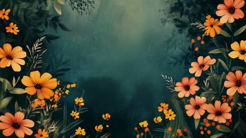 Orange Flowers on Teal Background with Botanical Elements