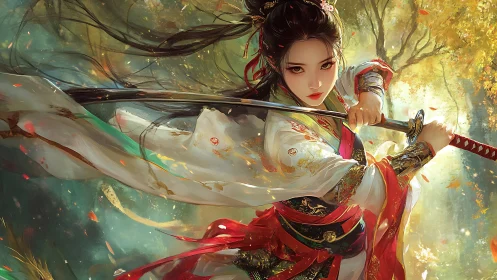Dynamic wuxia swordswoman executes diagonal slashing strike in forest