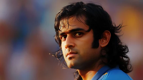 Close-up portrait of long-haired man in blue shirt outdoors.