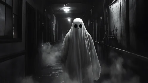Midnight hallway ghost drifts calmly through industrial gloom