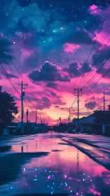 Neon dusk streetscape with reflective sky-gradient horizon.