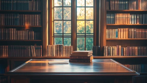 Sunlit mahogany study desk in classical book-lined library.