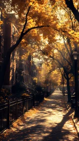 Autumn city street rendered with warm volumetric backlighting