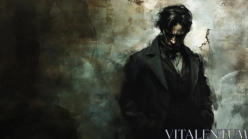 Solitary male figure in dark coat against textured wall.