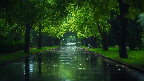 Tree-lined park pathway with wet reflective surface after rain.