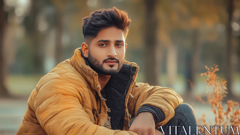 Autumn park daydream settles softly on a golden jacket