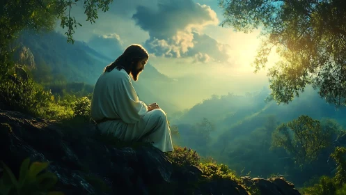 Digital painting of contemplative robed figure in sunrise glade.