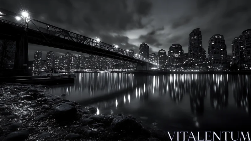 Noir city waterfront skyline under bridge reflections.