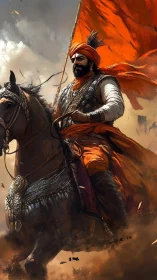 Mounted warrior in orange standard, dynamic dust and cloth motion